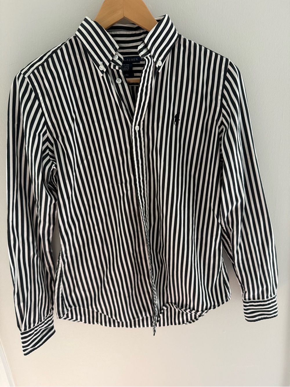 Ralph Lauren Slim fit womenโs Black & White Vertical Stripe Button-Down Shirt